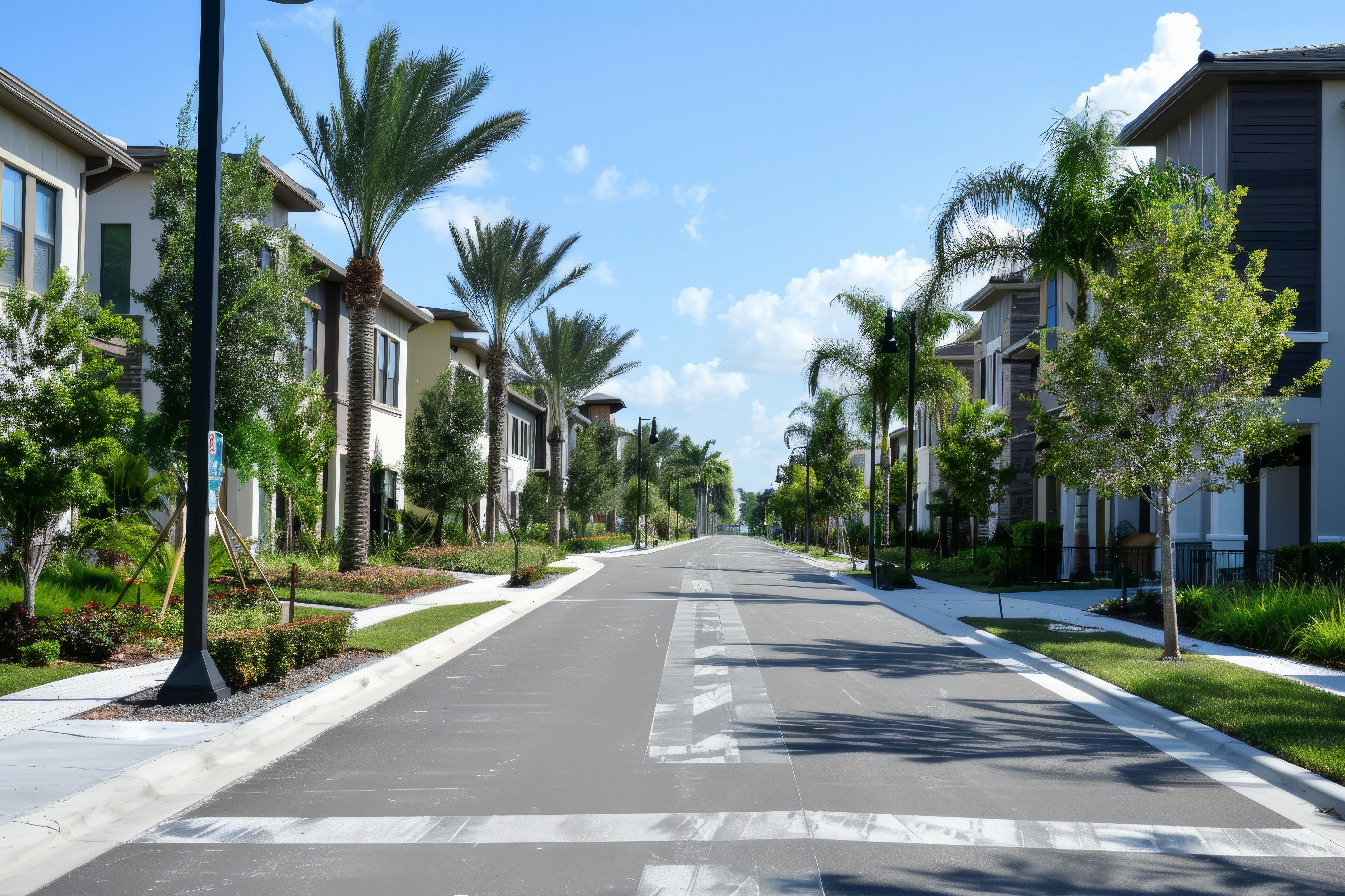 Central Florida residential street lined with palms, sidewalks, and well-kept homes