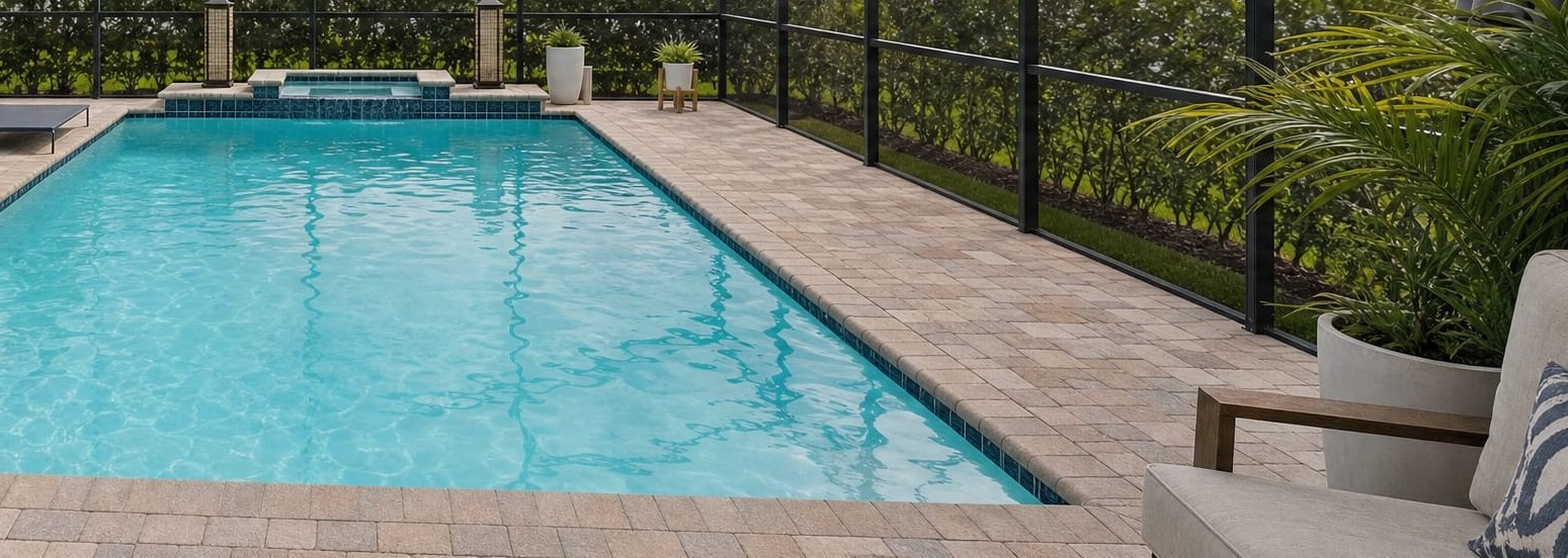 Screened pool and paved deck at a Central Florida home, with simple patio seating