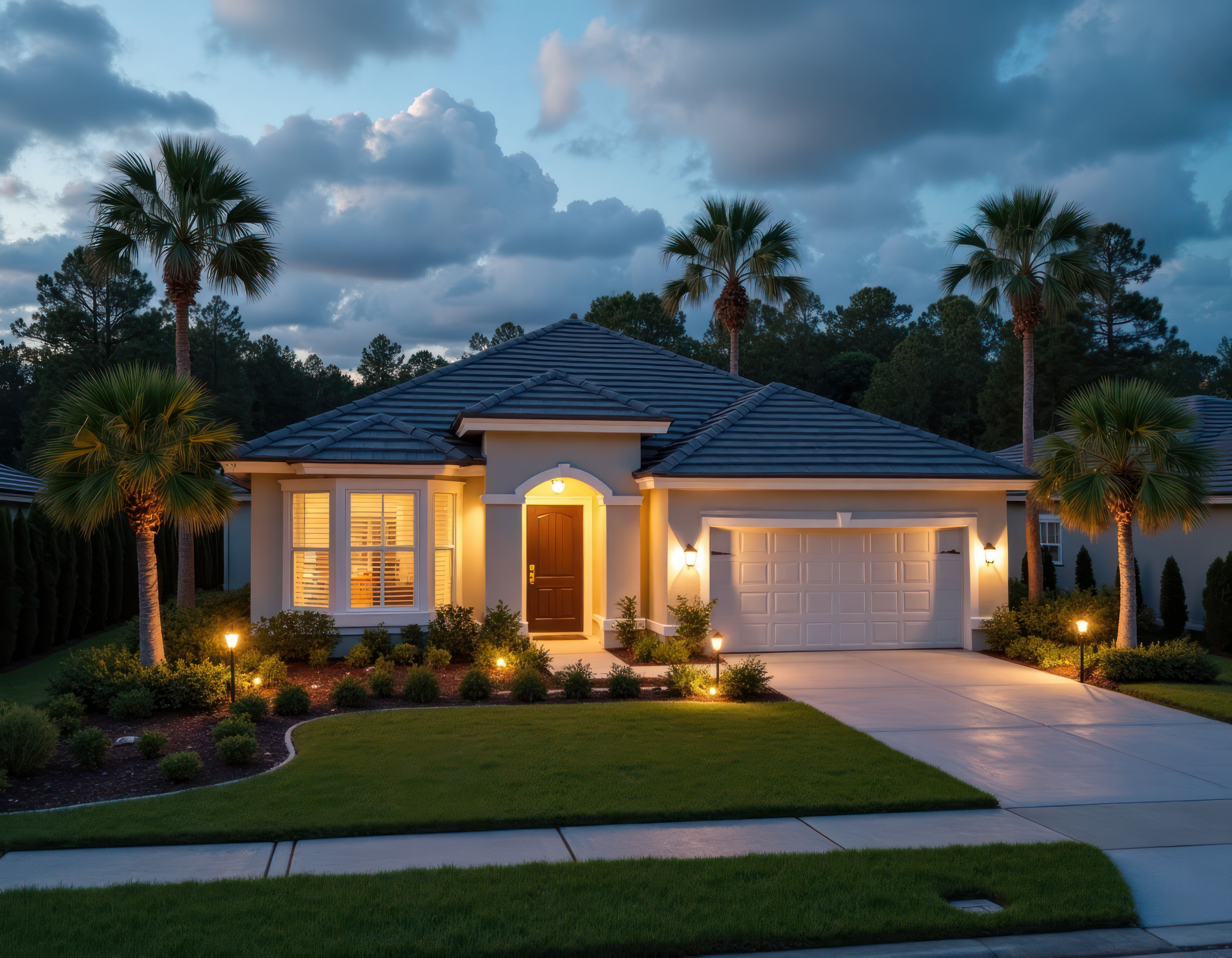 Single-storey Central Florida home at dusk with warm window light, palms, and a tidy front lawn