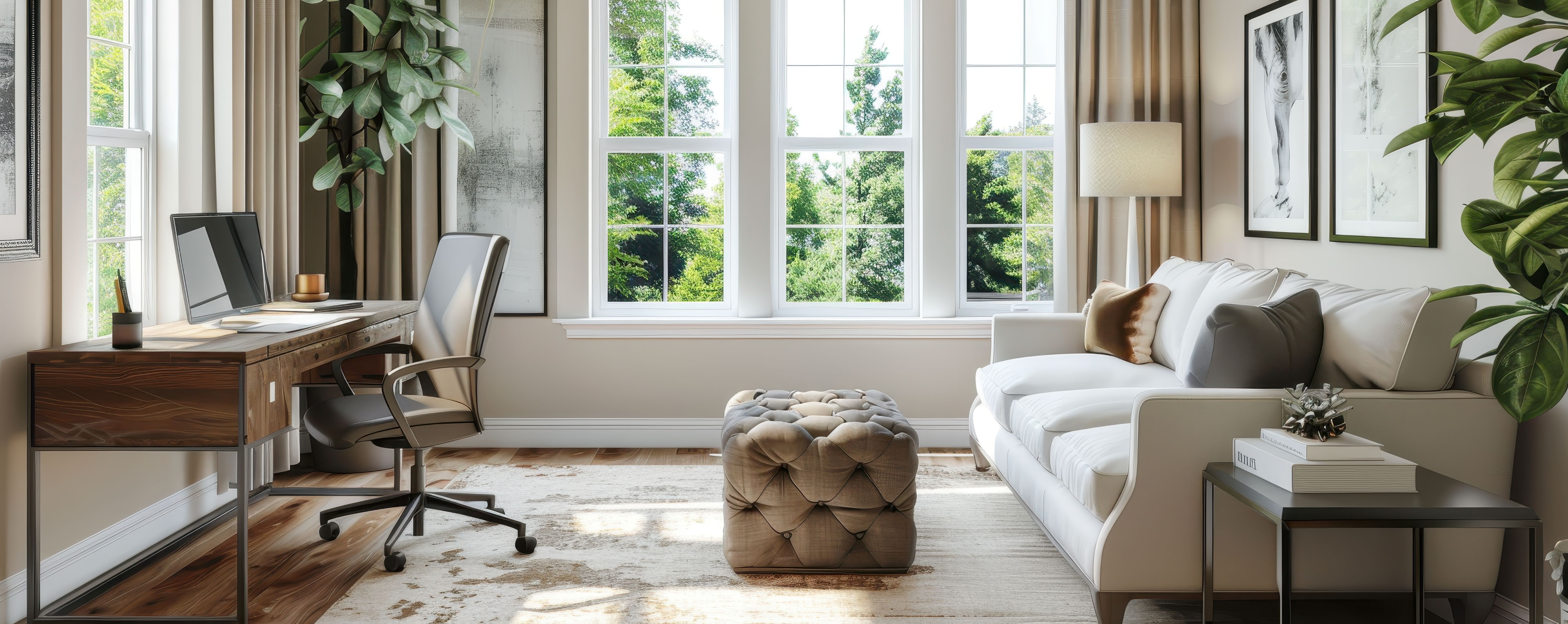 Comfortably furnished living area with a dedicated home-office corner, set up for a longer stay