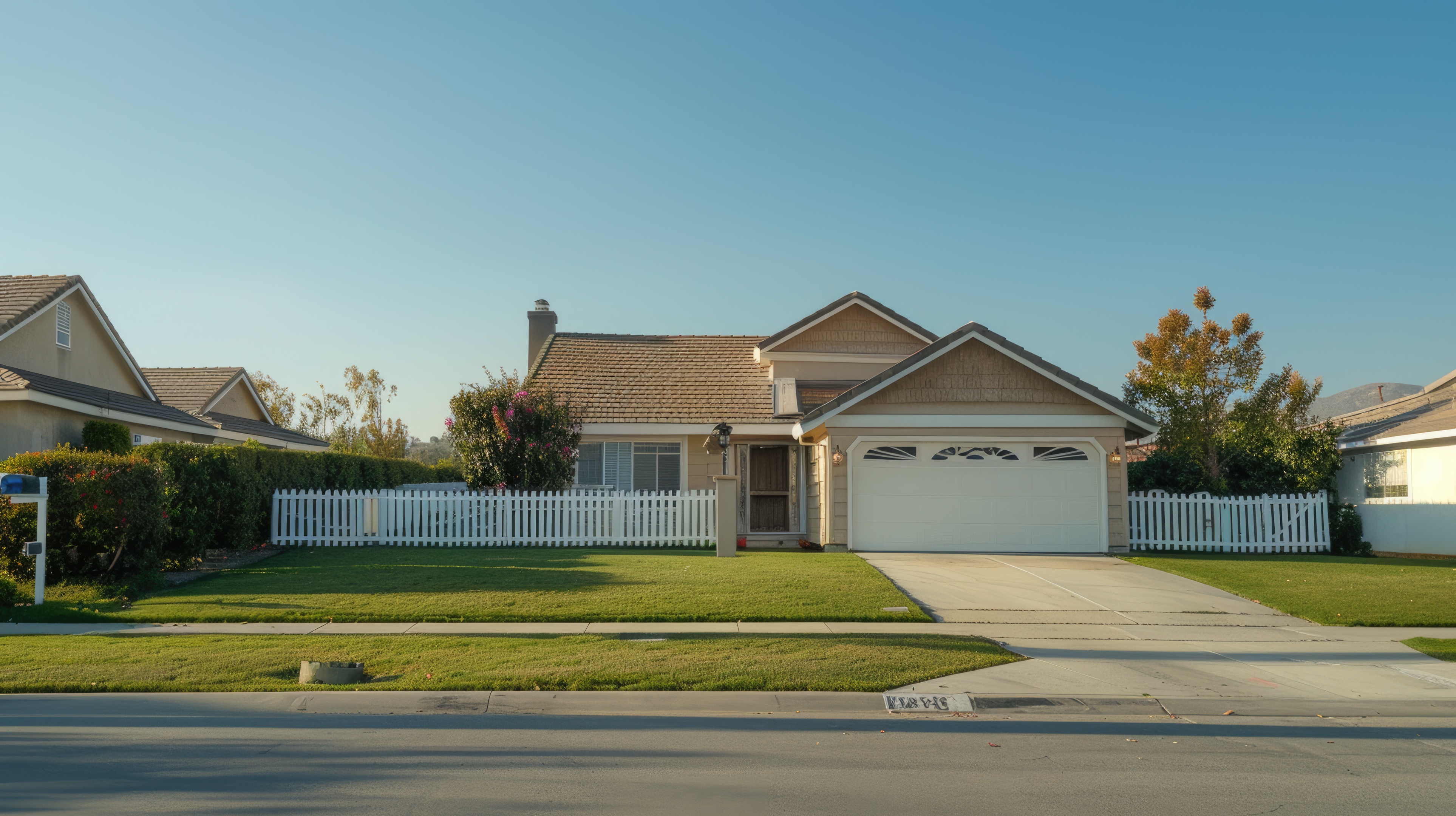 Modest single-storey home with a white picket fence, two-car garage, and tidy lawn